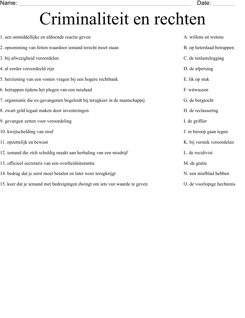 Criminaliteit en rechten Worksheet
