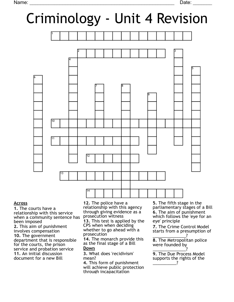 Criminology  - Unit 4 Revision Crossword