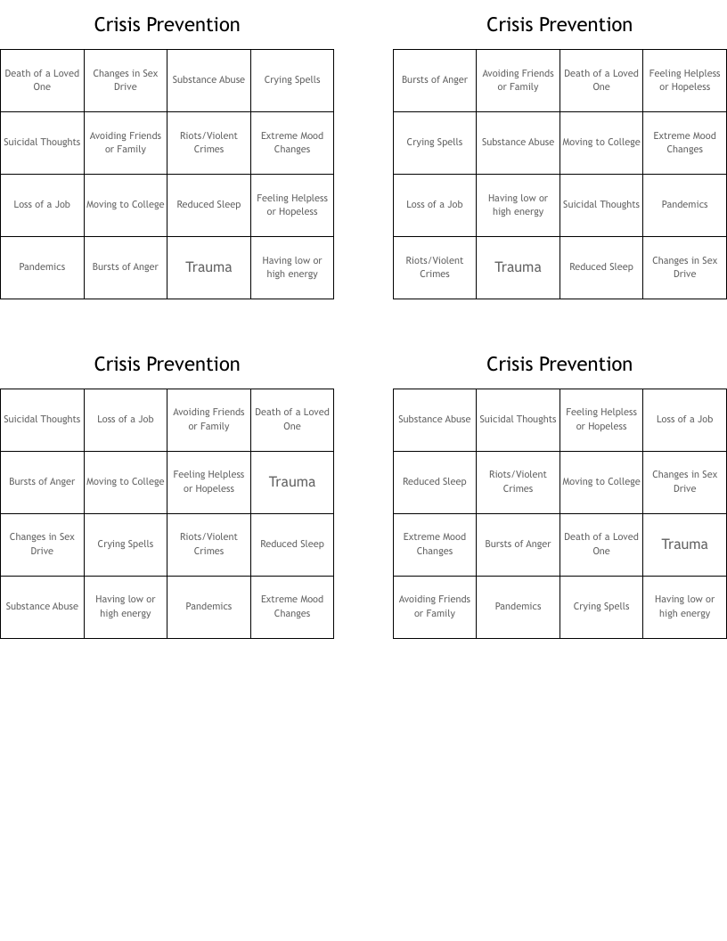 Crisis Prevention Bingo Cards
