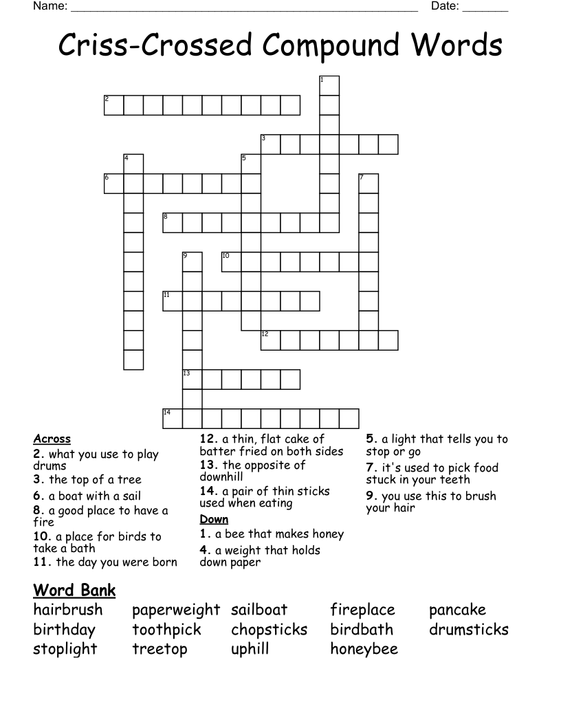 Criss-Crossed Compound Words Crossword
