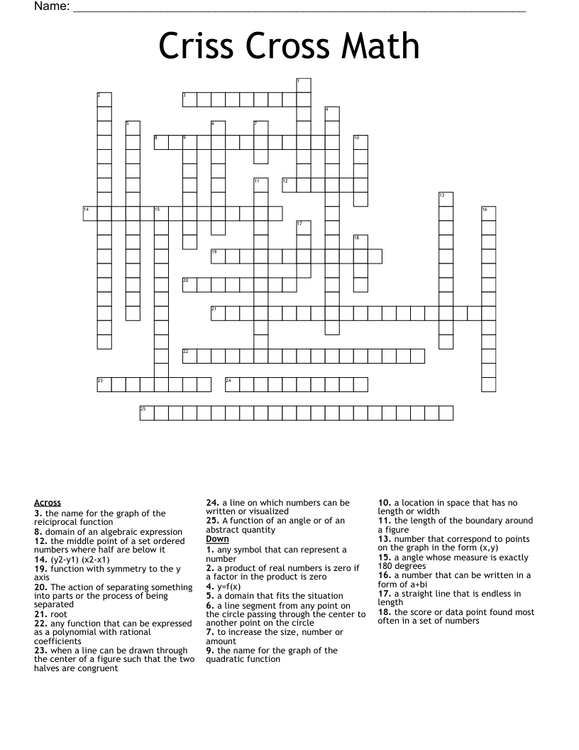 Criss Cross Math Crossword
