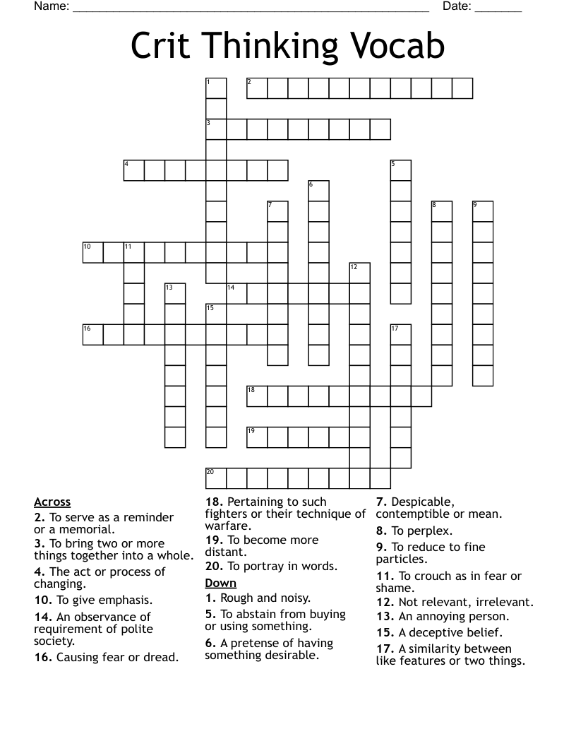Crit Thinking Vocab Crossword