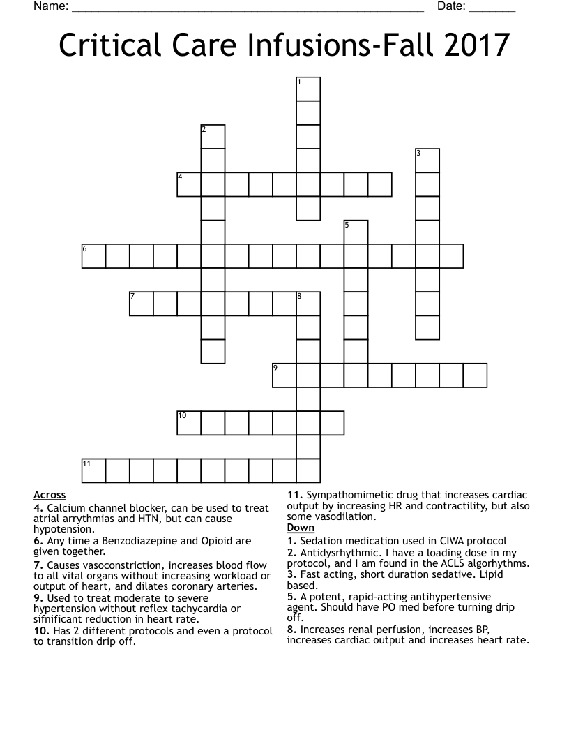 Critical Care Infusions-Fall 2017 Crossword