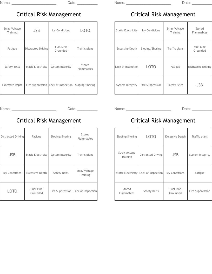 Critical Risk Management Bingo Cards