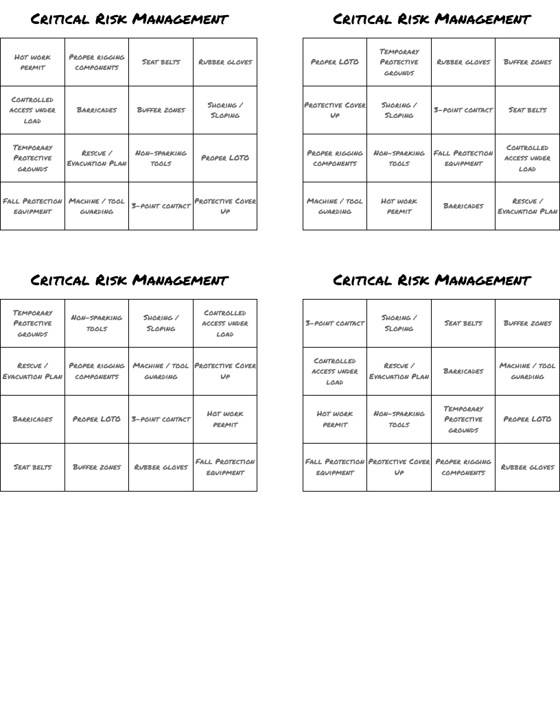 Critical Risk Management Bingo Cards