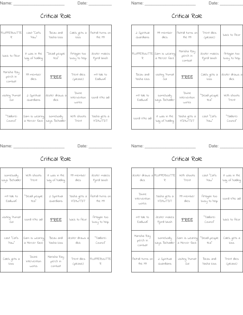 Critical Role Bingo Cards