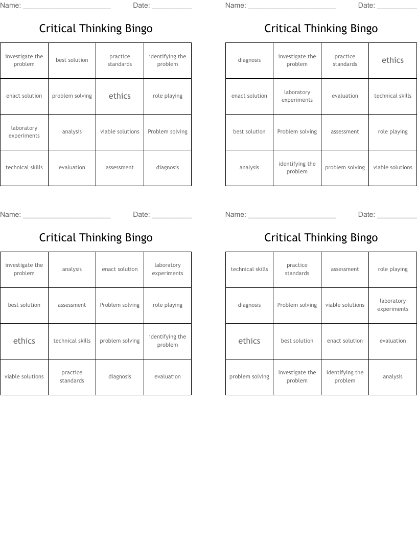 Critical Thinking Bingo
