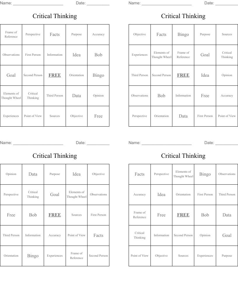 Critical Thinking  Bingo Cards