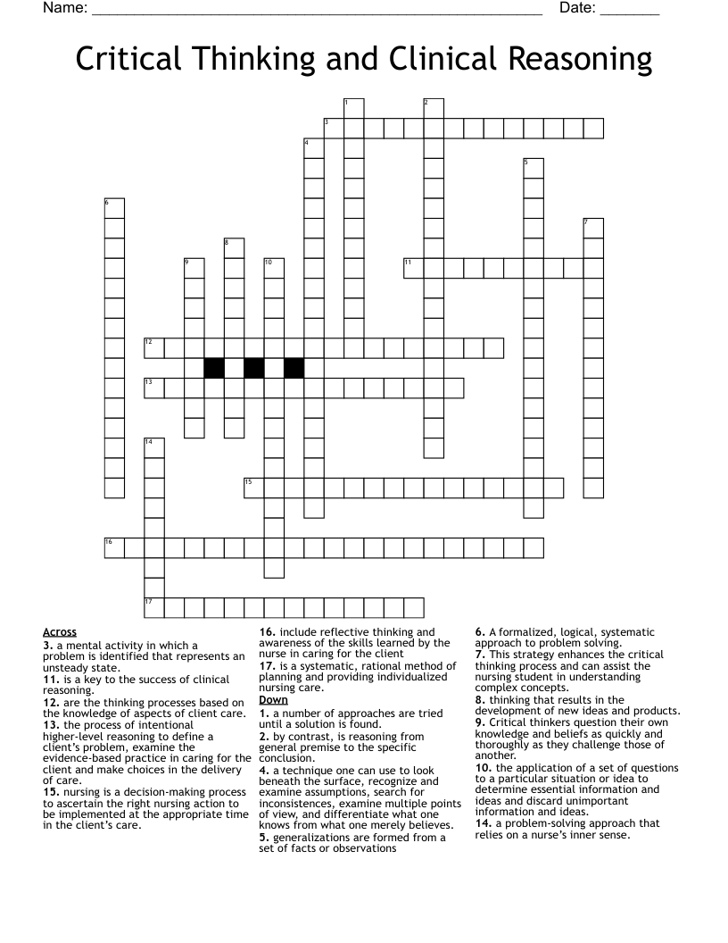 Critical Thinking and Clinical Reasoning Crossword