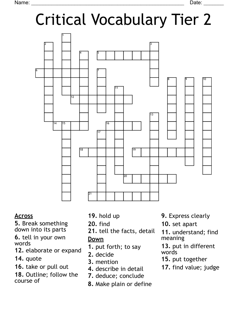 Critical Vocabulary Tier 2 Crossword