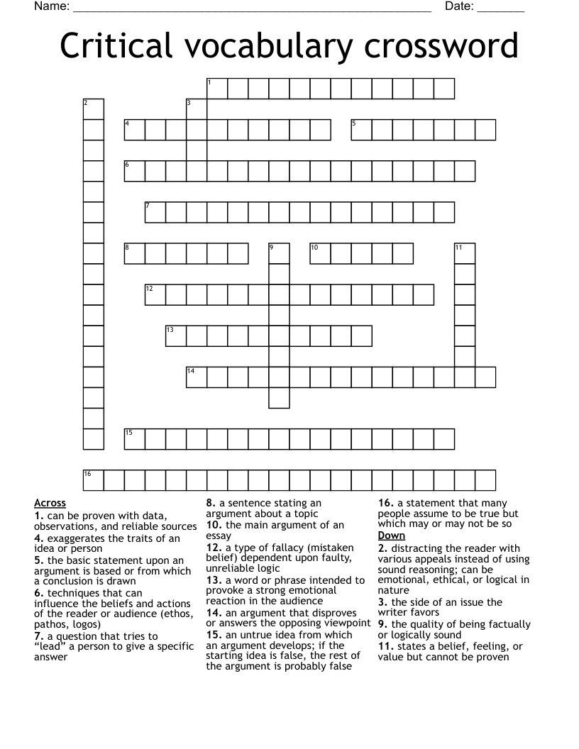 Critical vocabulary crossword