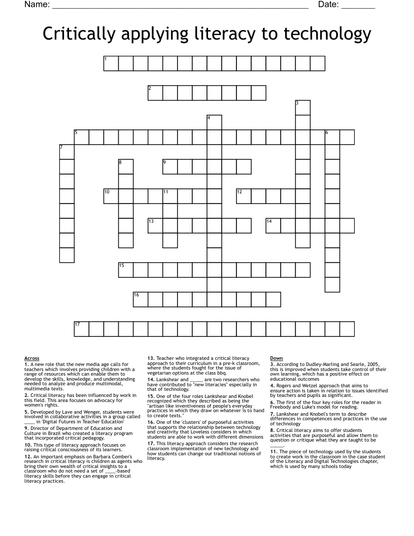 Critically applying literacy to technology Crossword