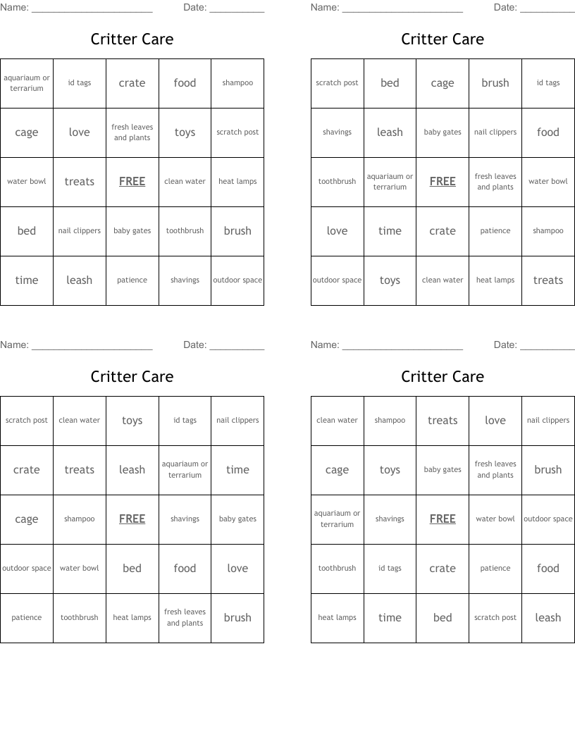 Critter Care Bingo Cards