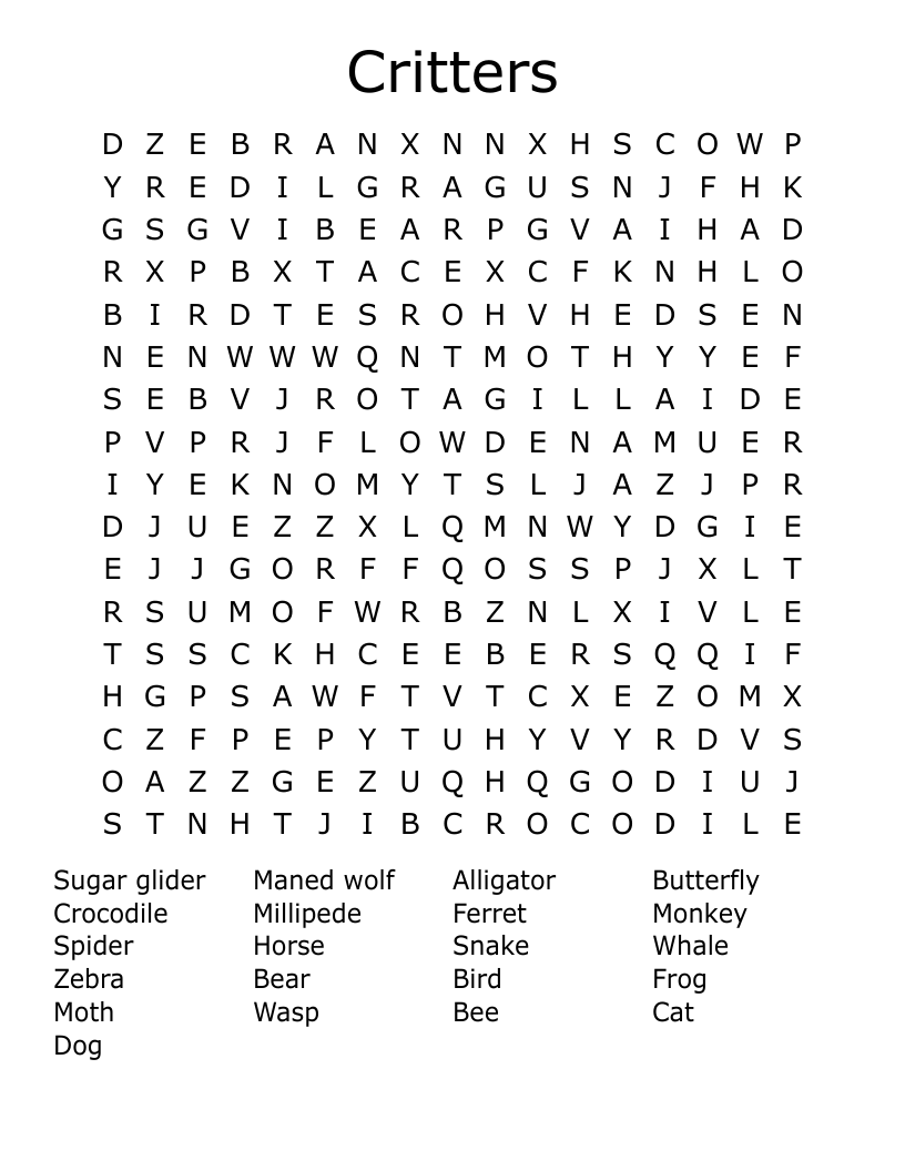 Critters Word Search