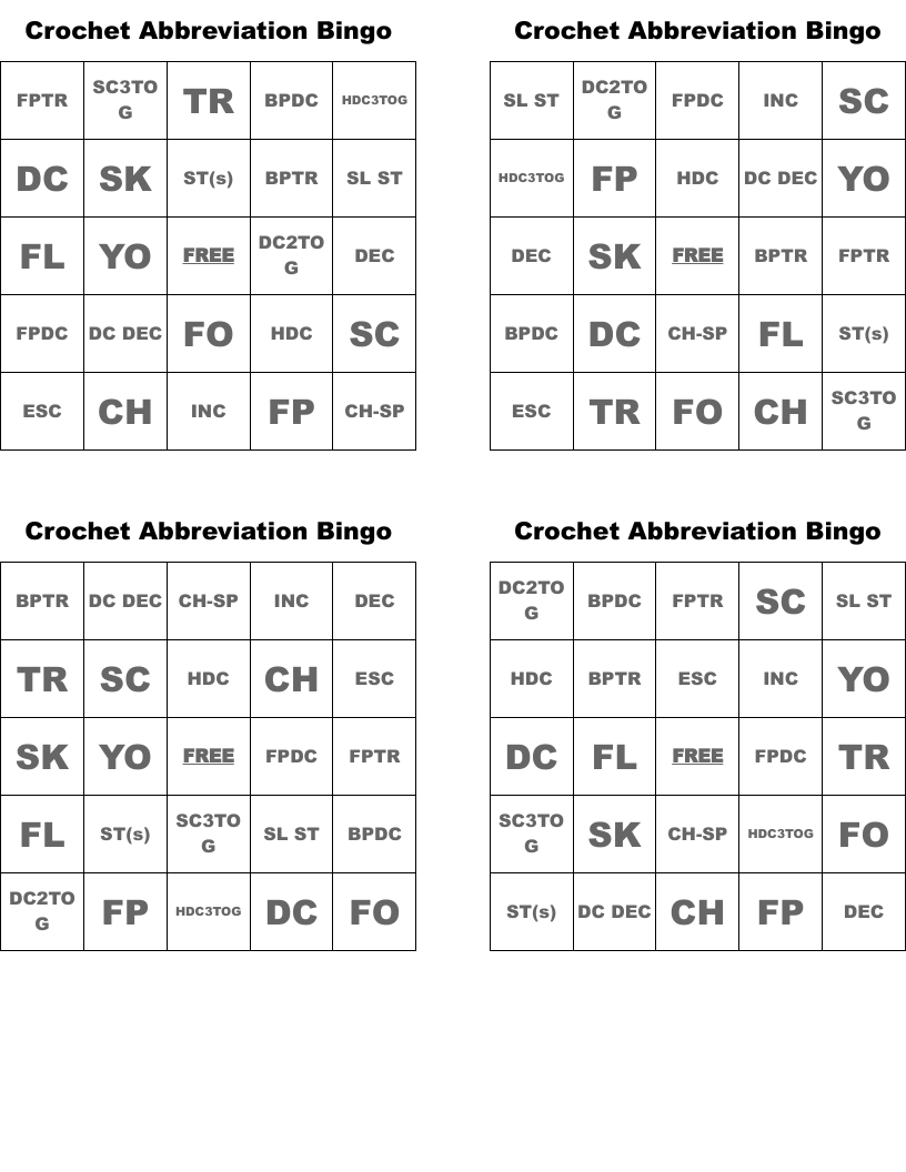 Crochet Abbreviation Bingo