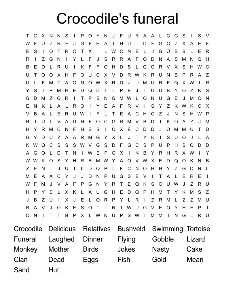 Crocodile's funeral Word Search