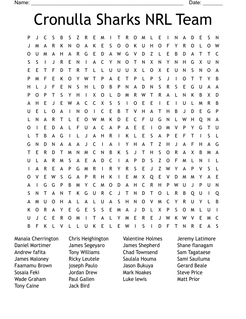 Cronulla Sharks NRL Team Word Search