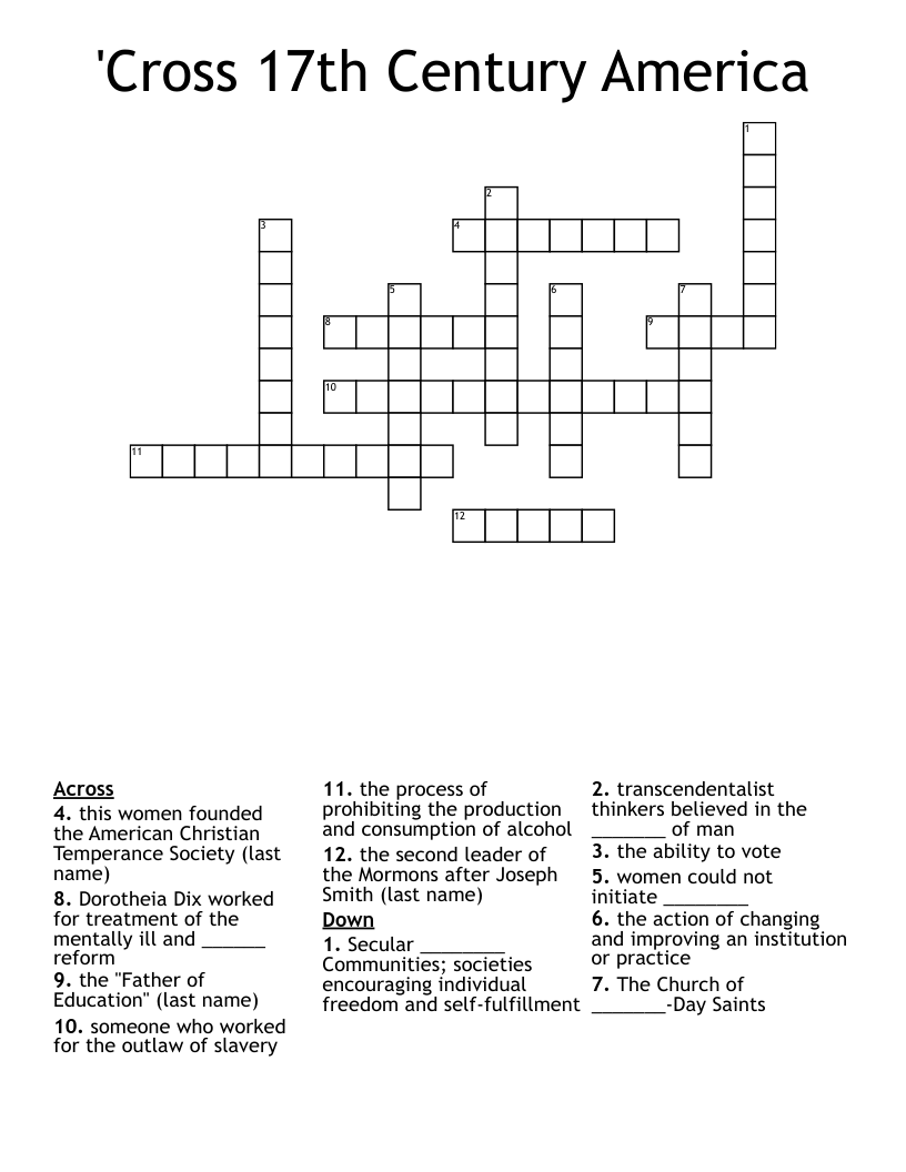 'Cross 17th Century America Crossword