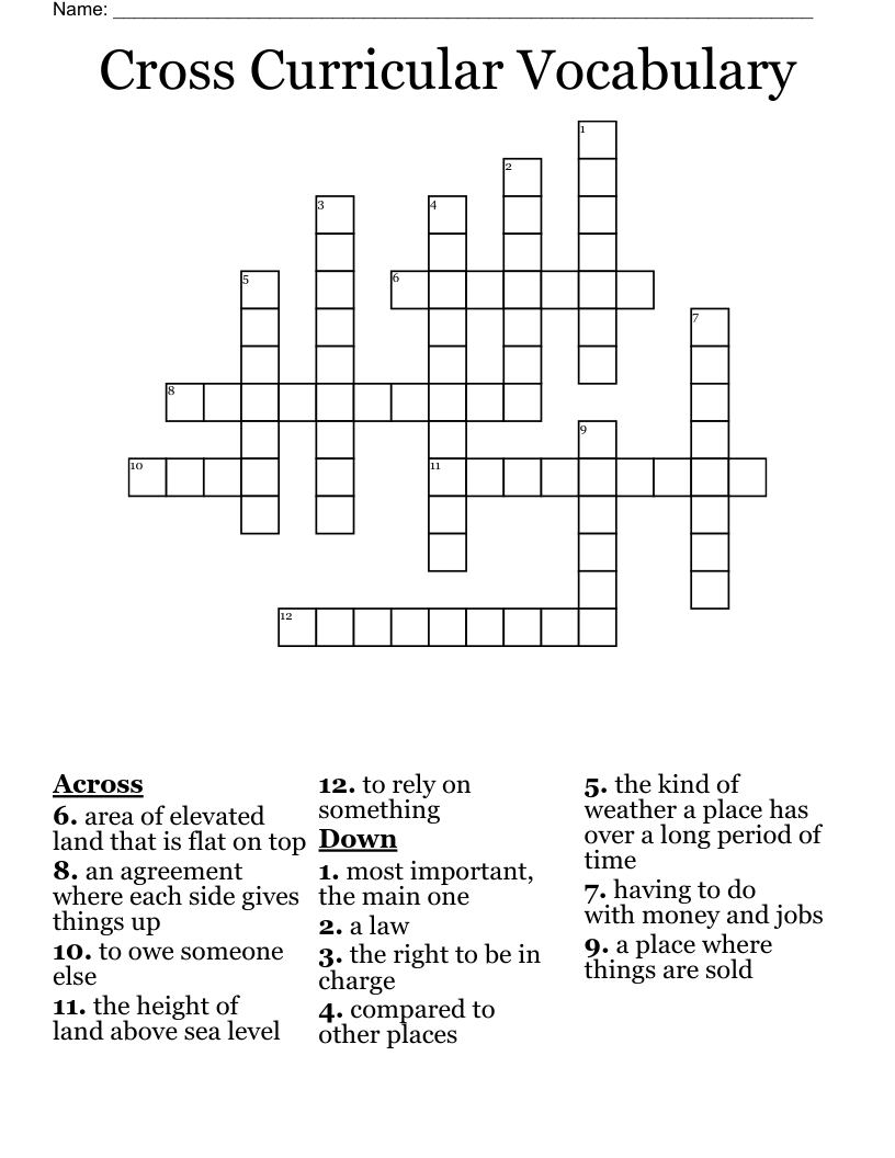 Cross Curricular Vocabulary  Crossword