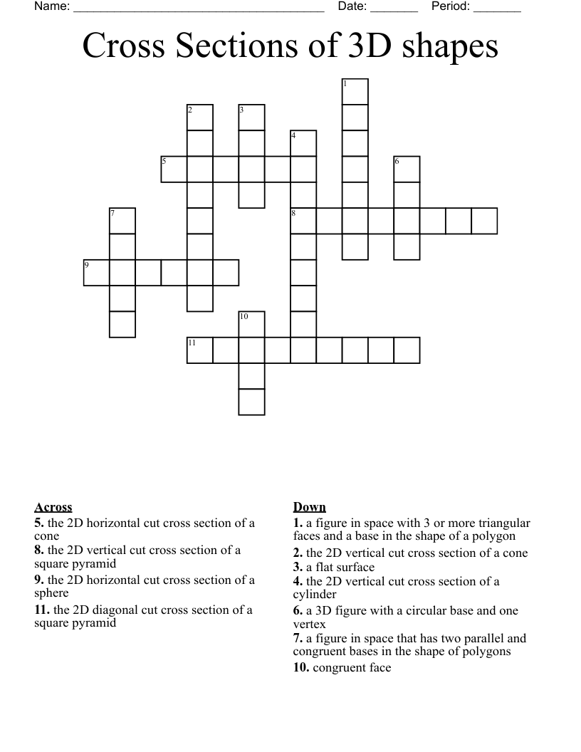 Cross Sections of 3D shapes Crossword