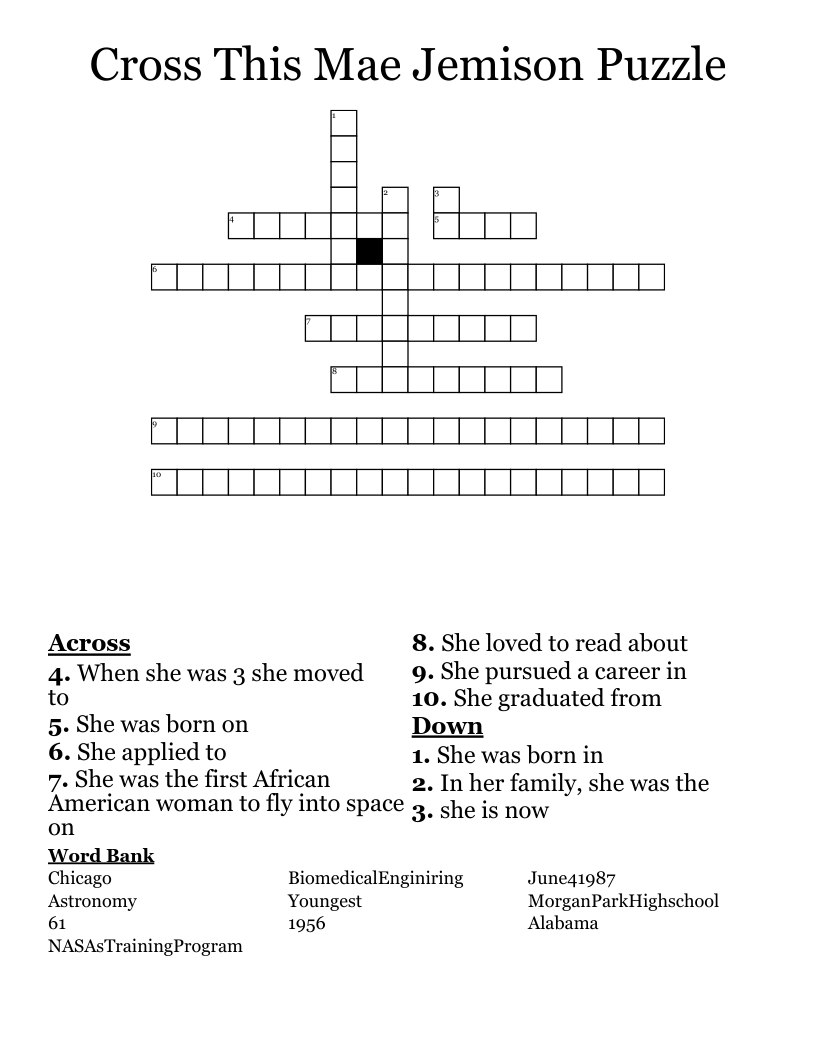 Cross This Mae Jemison Puzzle  Crossword