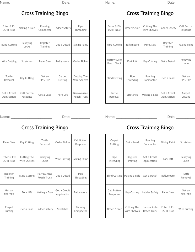 Cross Training Bingo