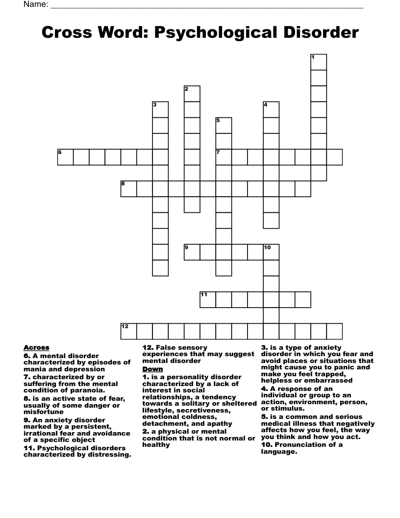 Cross Word: Psychological Disorder