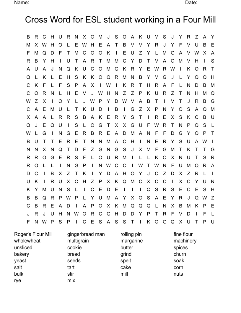 Cross Word for ESL student working in a Four Mill Word Search