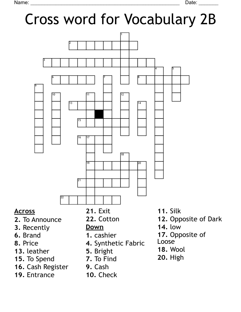 Cross word for Vocabulary 2B
