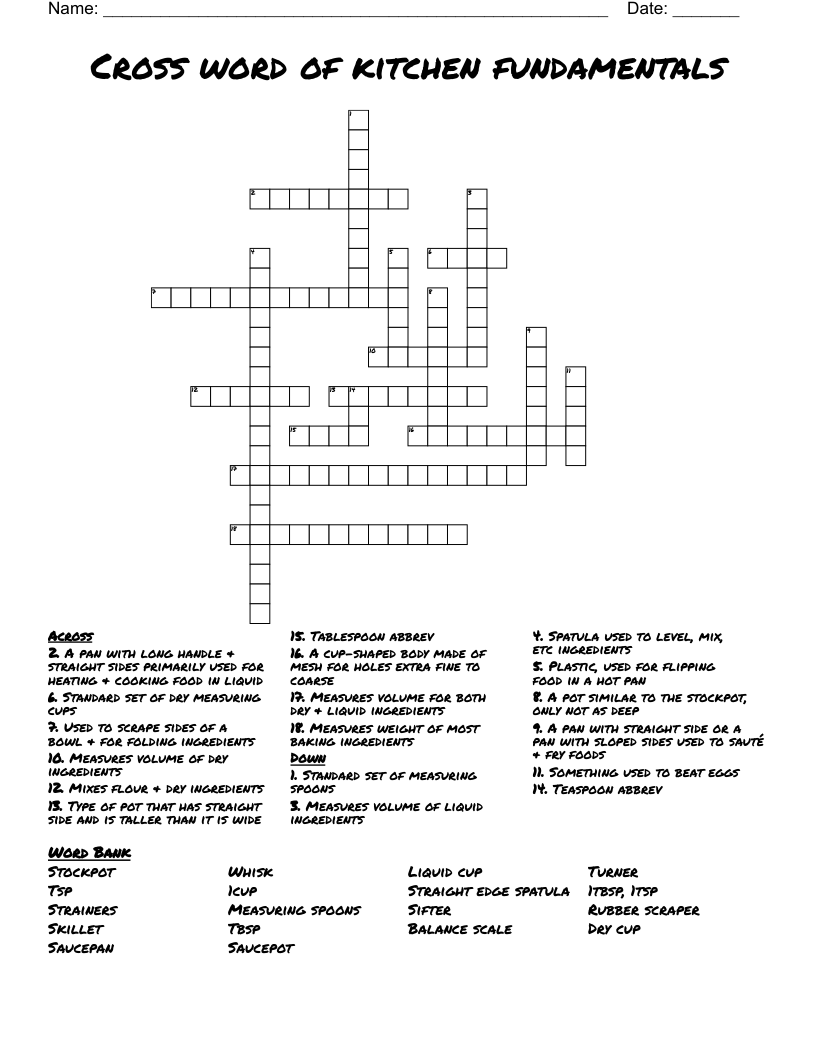 Cross word of kitchen fundamentals 