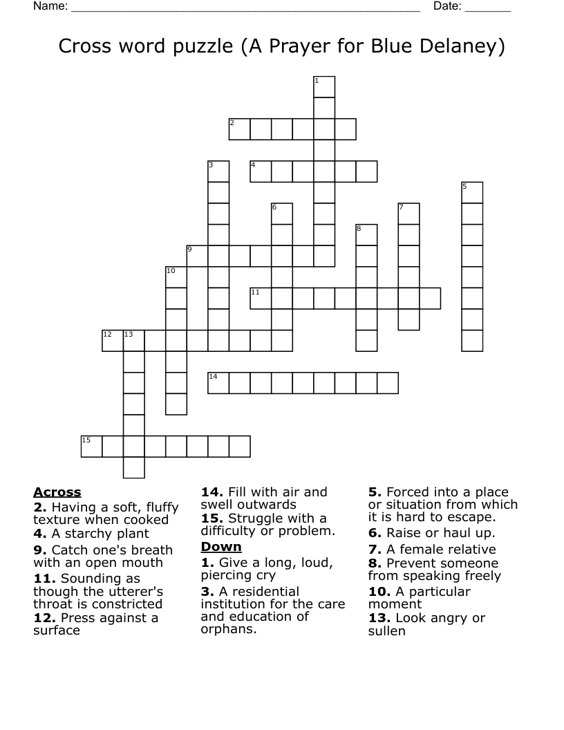 Cross word puzzle (A Prayer for Blue Delaney)