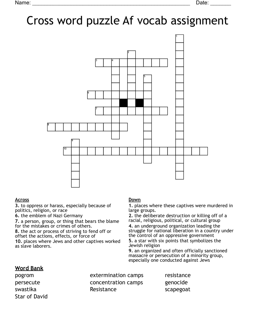 Cross word puzzle Af vocab assignment