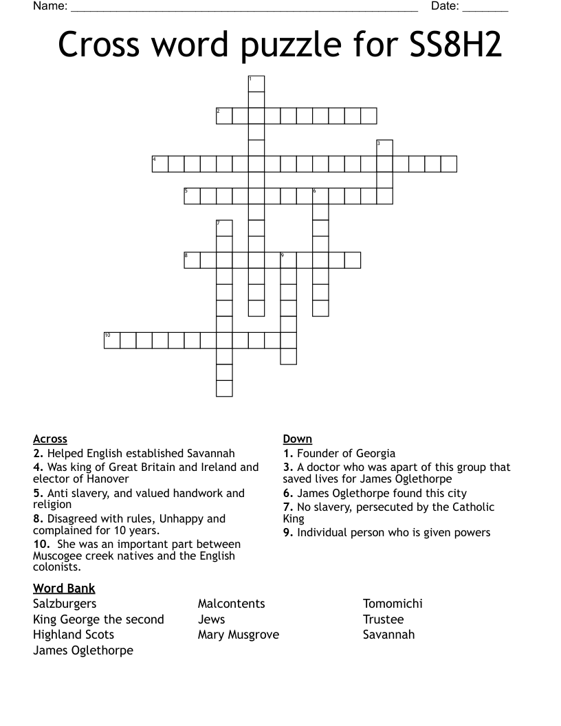 Cross word puzzle for SS8H2