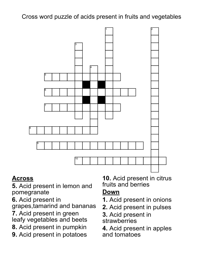 Cross word puzzle of acids present in fruits and vegetables 