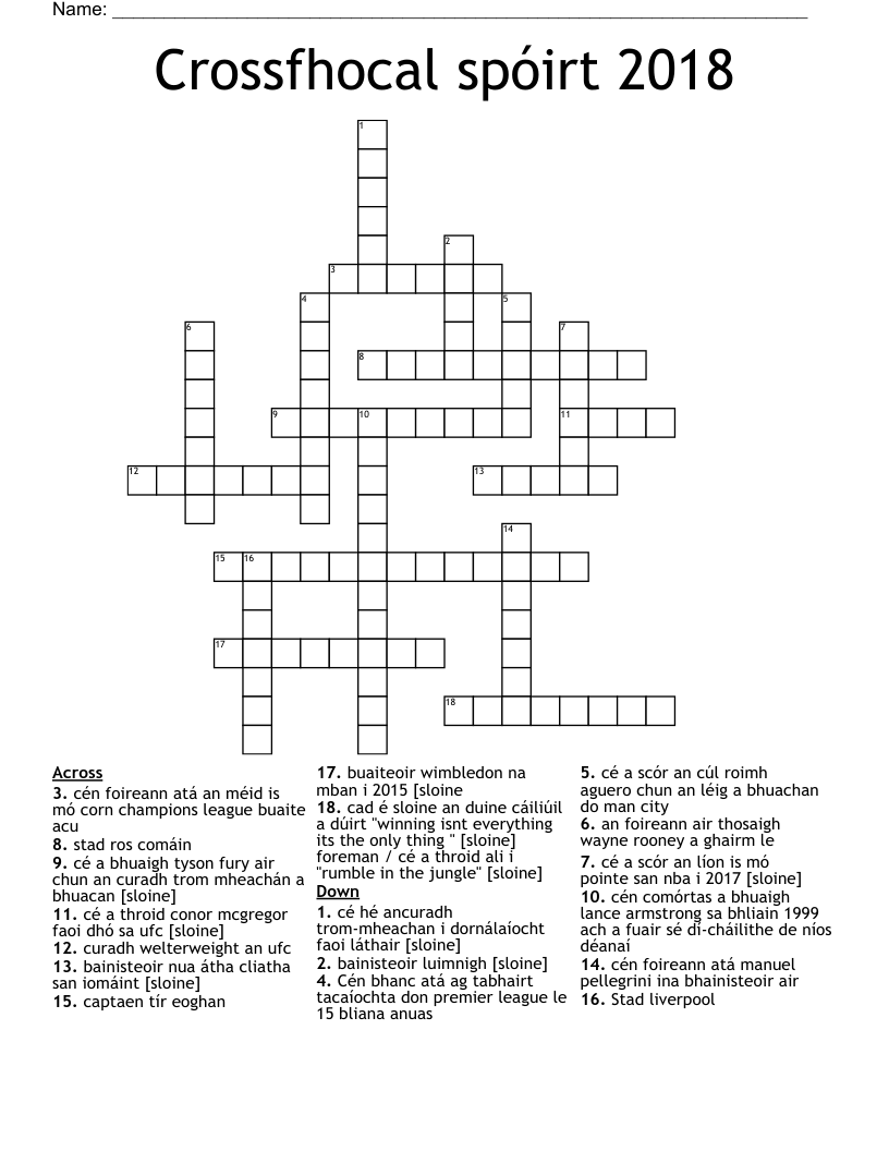 Crossfhocal spóirt 2018 Crossword