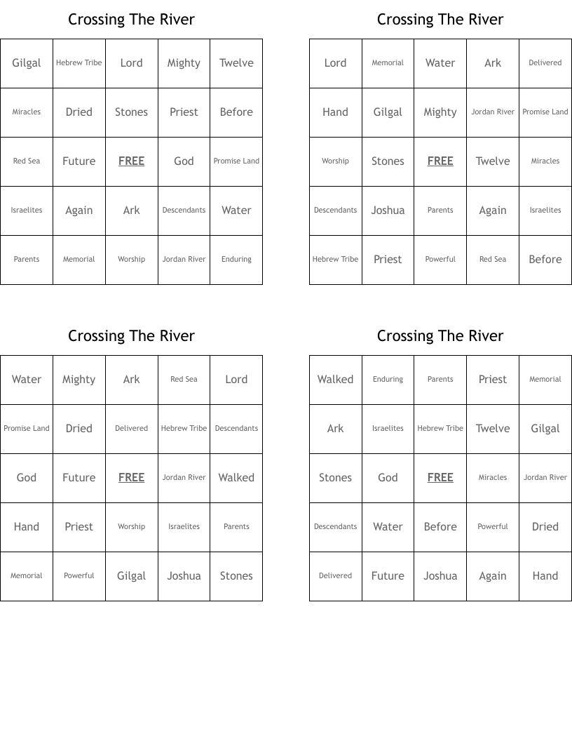 Crossing The River  Bingo Cards