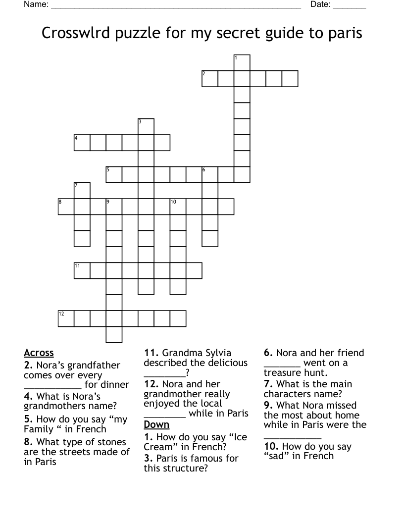 Crosswlrd puzzle for my secret guide to paris Crossword