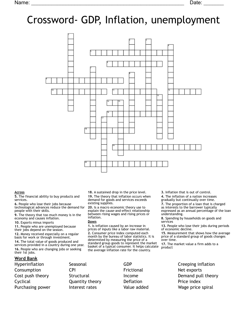 Crossword- GDP, Inflation, unemployment 