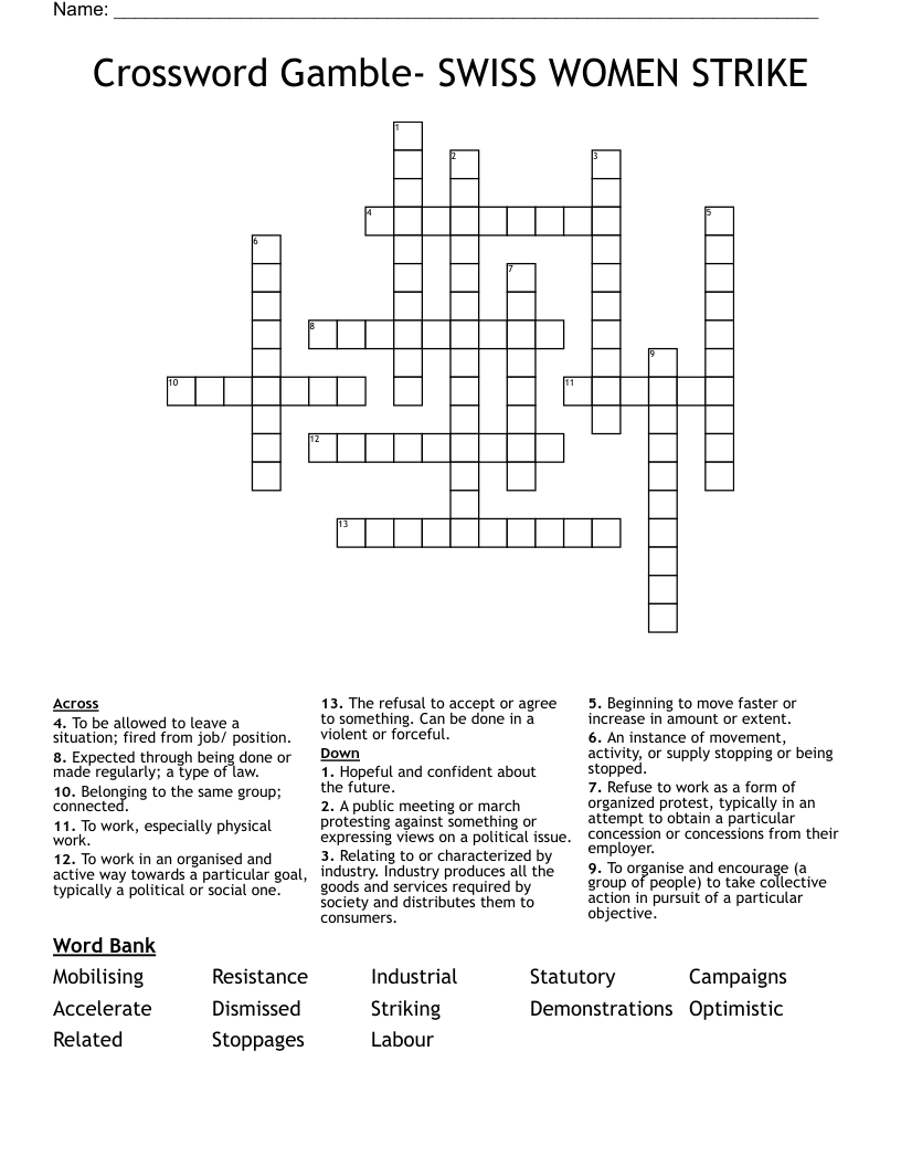 Crossword Gamble- SWISS WOMEN STRIKE