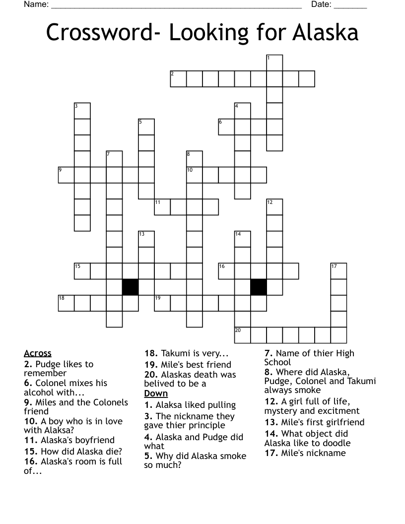 Crossword- Looking for Alaska 