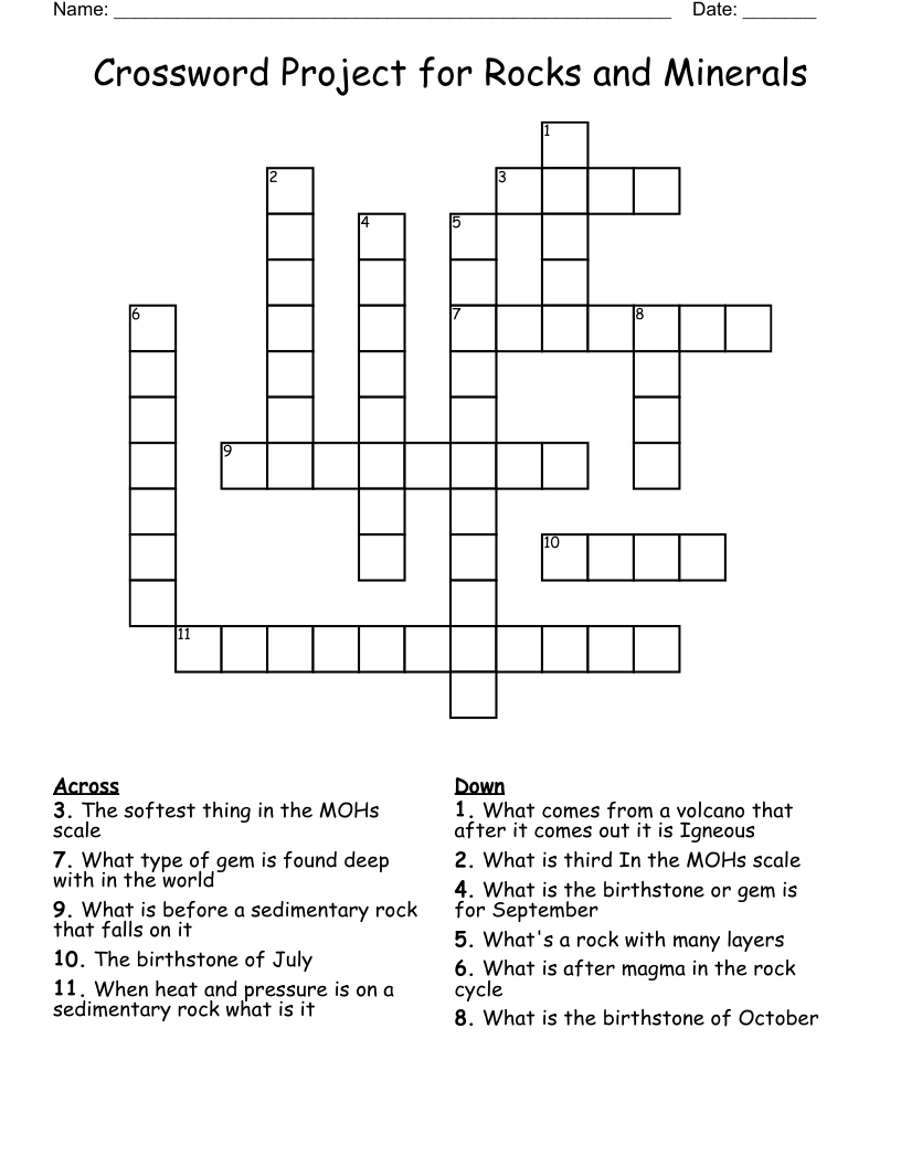 Crossword Project for Rocks and Minerals