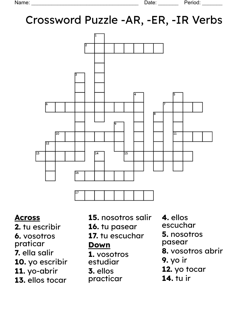 Crossword Puzzle -AR, -ER, -IR Verbs
