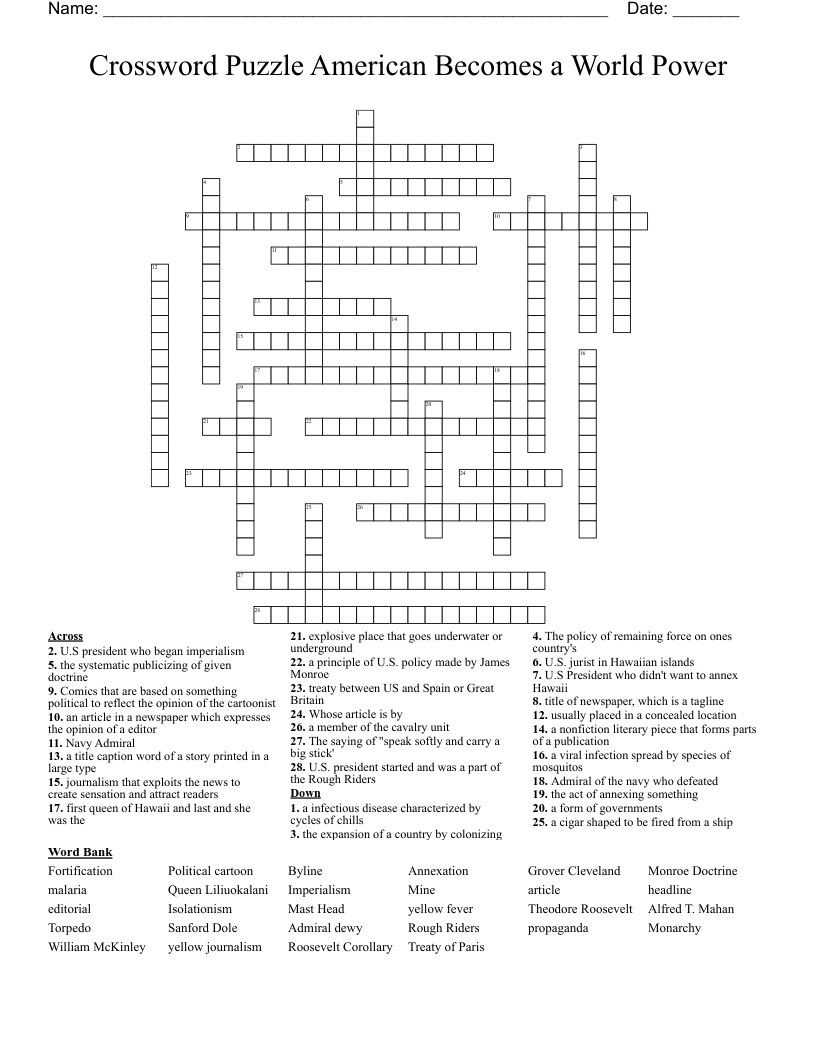 Crossword Puzzle American Becomes a World Power 