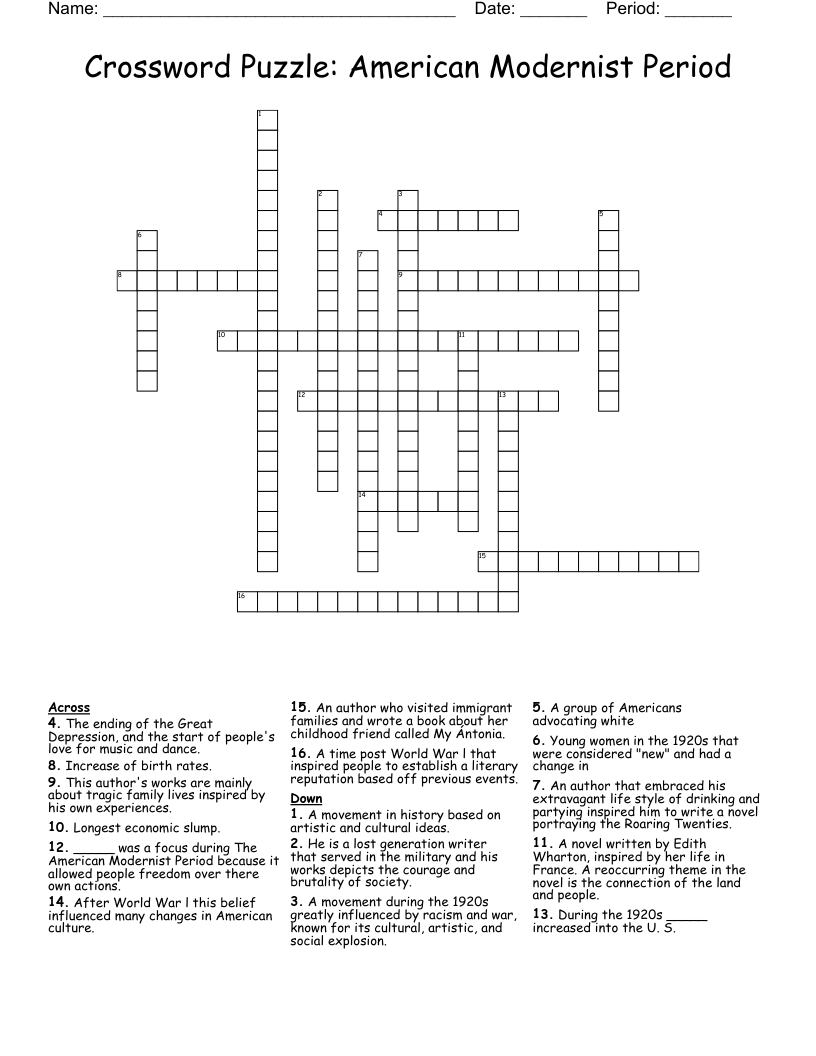 Crossword Puzzle: American Modernist Period