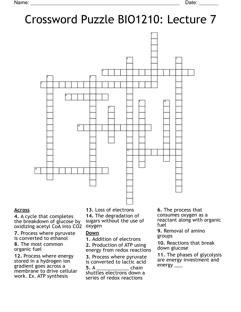 Crossword Puzzle BIO1210: Lecture 7