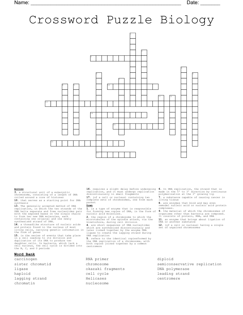 Crossword Puzzle Biology 