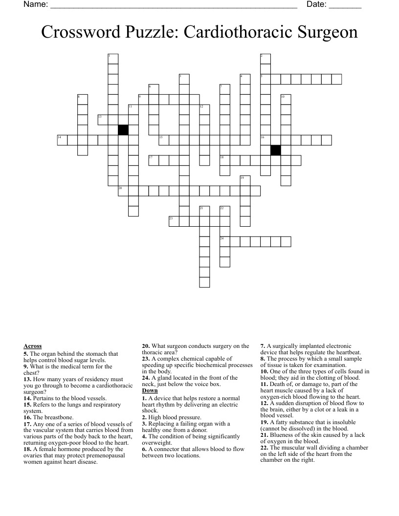 Crossword Puzzle: Cardiothoracic Surgeon