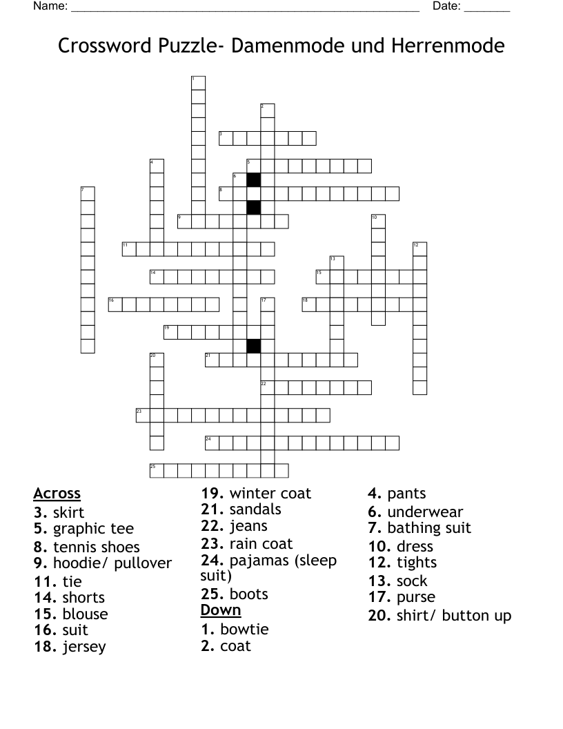 Crossword Puzzle- Damenmode und Herrenmode