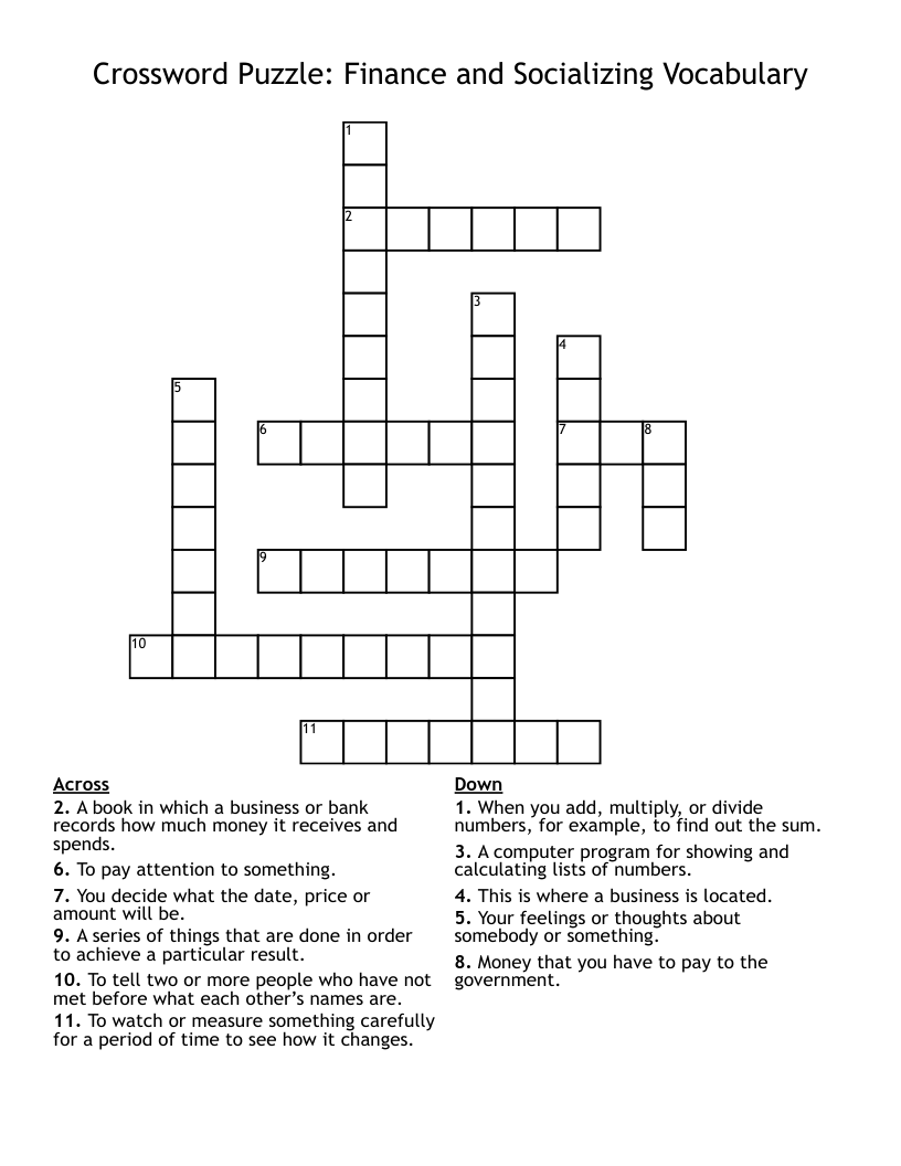 Crossword Puzzle: Finance and Socializing Vocabulary