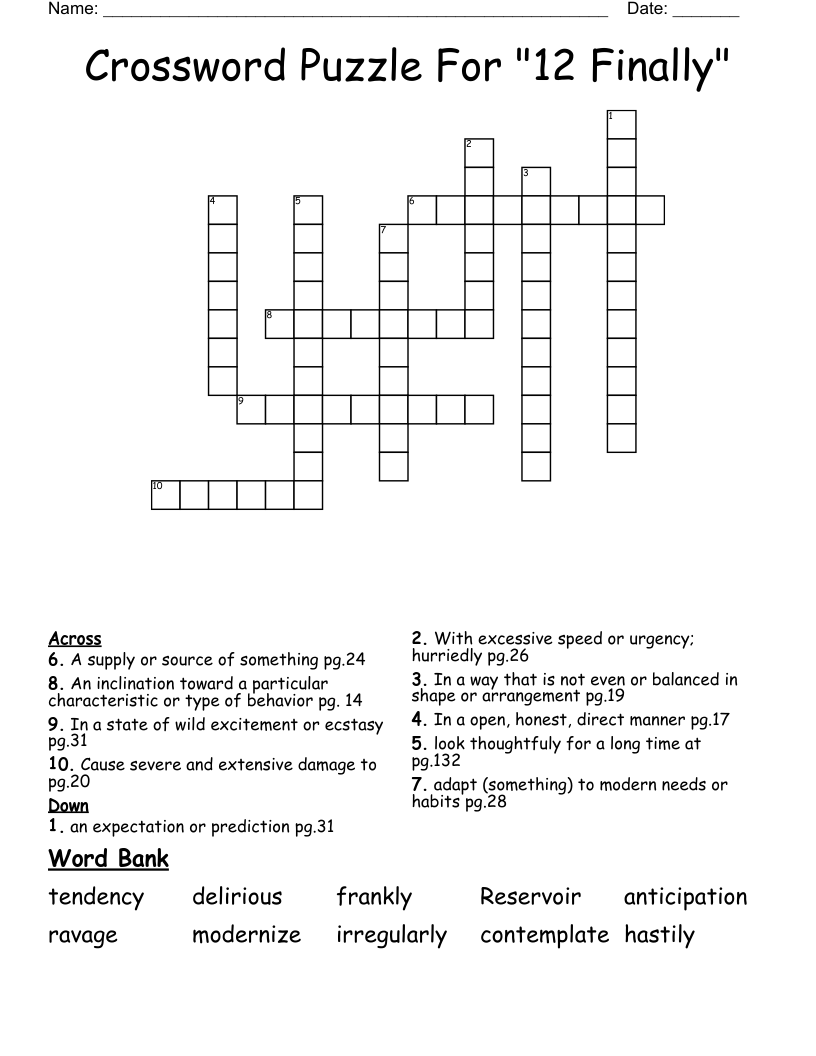 Crossword Puzzle For "12 Finally"